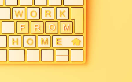 Computer keyboard with yellow work from home text on yellow background - covid-19 concept 3d...