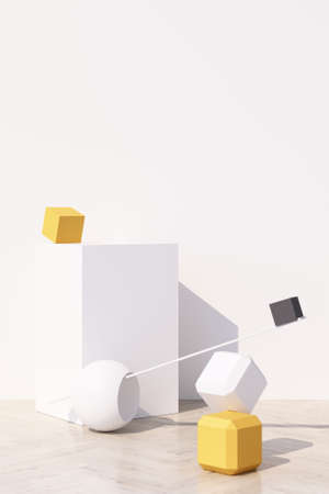 Abstract white background with geometric shape podium for product with shadow on wall. minimal...