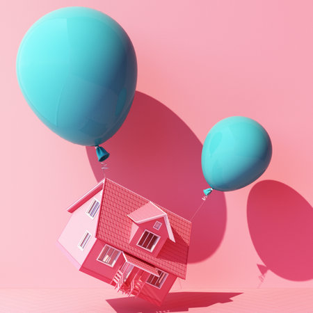 turqouise blue balloon Tied up with a house and it's pulling it up on pink background 3d rendering