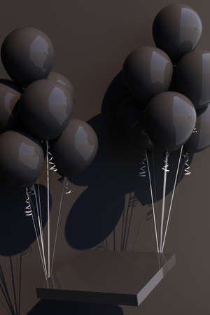 black balloon Tied up with a product stand it's pulling it up 3d renderingの写真素材