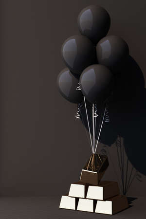 black balloon Tied up with a gold bar and it's pulling it up 3d renderingの写真素材