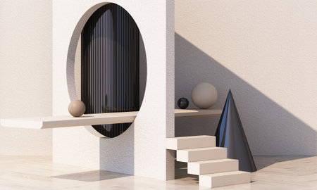 Minimal 3d rendering scene with podium and abstract background. Geometric shape in pastel colors with wood and concrete textureの写真素材