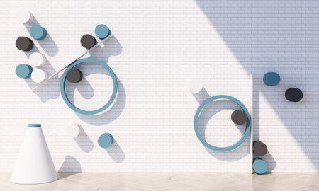 Minimal 3d rendering scene with podium and abstract background. Geometric shape in blue pastel...