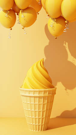 Milk ice cream with sweet wafer cone on yellow color background and balloon minimal concept 3d renderingの写真素材
