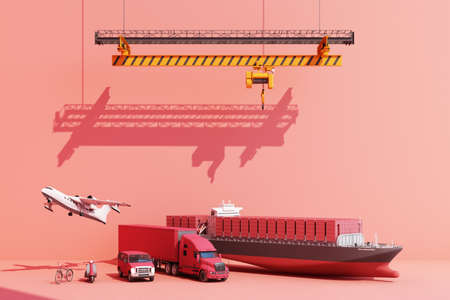 Shipping containers hanging from a crane with trailer and scooter bike and van. 3d global business commerce concept. 3D Renderingの写真素材