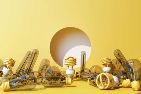 Yellow light fluorescent bulb LED on yellow wall background surrounded by incandescent lamp - 3D Renderingの写真素材