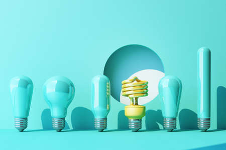 Yellow light fluorescent bulb LED on blue wall background surrounded by blue incandescent lamp - 3D...