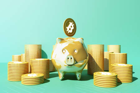 Saving golden bitcoin in piggy bank, Digital currency money trading with cryptocurrency, coin with...
