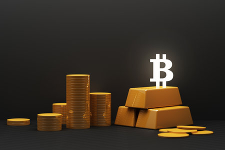 Bitcoin is becoming more valuable than gold and currency today, finance concept in black color. 3d renderingの写真素材