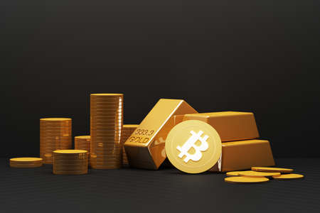 Bitcoin is becoming more valuable than gold and currency today, finance concept in black color. 3d renderingの写真素材