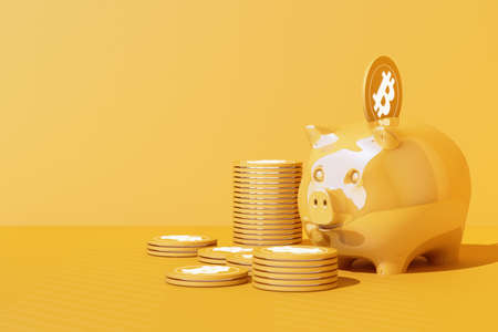 Saving golden bitcoin in piggy bank, Digital currency money trading with cryptocurrency, coin with profit, finance concept in yellow tone. 3d renderingの写真素材