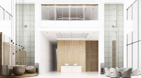 Reception hall in hotel The ceiling is high with mezzanine view, there is a waiting area. Decorate...