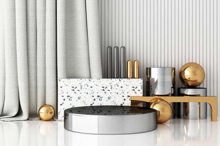 Mock up geometric shape gold and glass texture with white colour podium for product design, 3d...