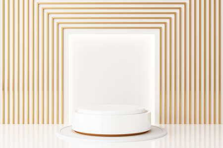 Mock up geometric shape gold and glass texture with white colour podium for product design, 3d rendering, 3d illustrationの写真素材