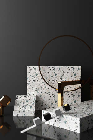 Mock up geometric shape gold and glass texture with black color podium for product design, 3d rendering, 3d illustration vertical frameの写真素材