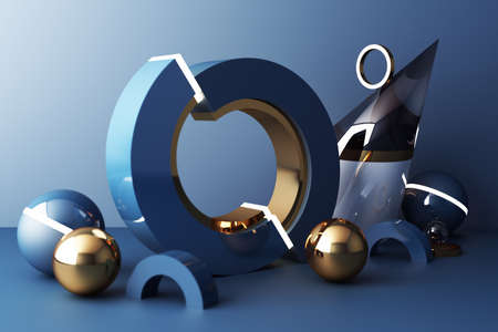 Mock up composition of geometric shape gold and glass texture with blue color podium for product...