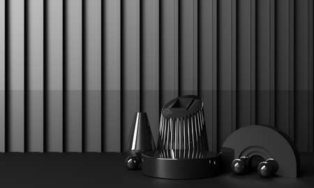 Position the geometric shapes with shiny black textures and mirrors on a black background. 3d render