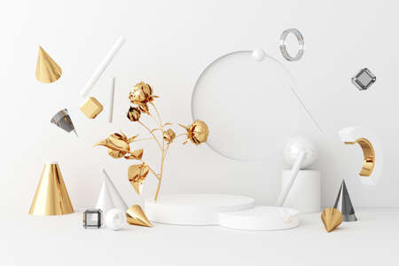 Mock up composition of white geometric shape gold and glass texture with gold plant flower and leaf...