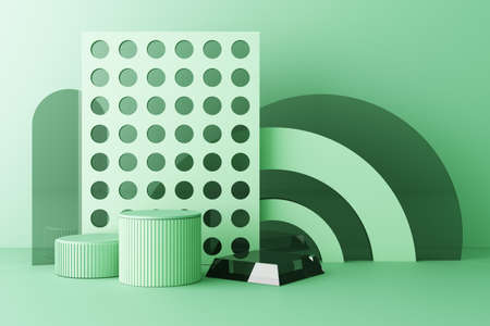 Mock up composition of geometric shape glass texture with green color podium for product design, 3d rendering, 3d illustrationの写真素材