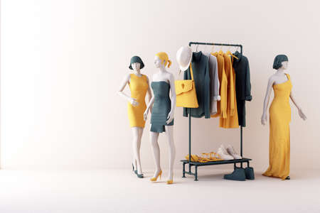Clothes mannequins a hanger surrounding by bag and market prop with geometric shape on the floor in yellow and green color. 3d renderingの写真素材