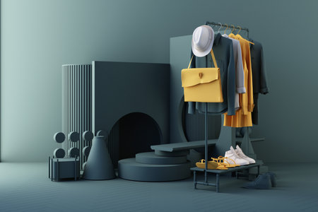 Clothes a hanger surrounding by bag and market prop with geometric shape on the floor in yellow and green color. 3d renderingの写真素材