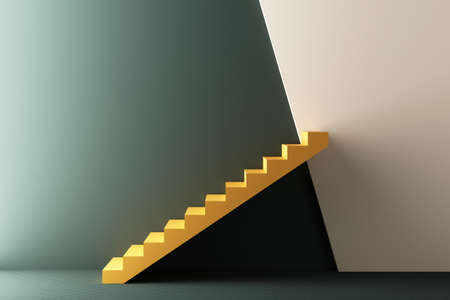 Minimal abstract geometric background with direct sunlight in shades of green and yellow. Showcase scene with empty podium for product presentation 3d renderingの写真素材