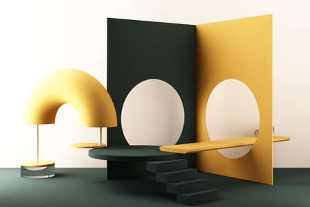 Minimal abstract geometric background with direct sunlight in shades of green and yellow. Showcase scene with empty podium for product presentation 3d renderingの写真素材