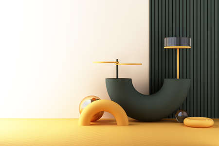 Minimal abstract geometric background with direct sunlight in shades of green and yellow. Showcase...