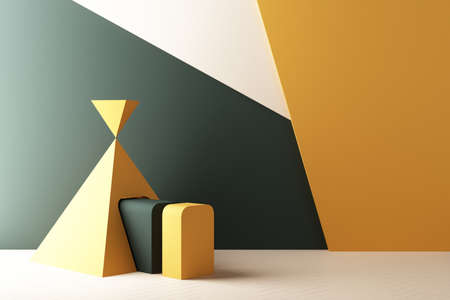 Minimal abstract geometric background with direct sunlight in shades of green and yellow. Showcase scene with empty podium for product presentation 3d renderingの写真素材