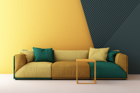 yellow and green color chairs, sofa, armchair in empty background. surrounding by geometric shape...