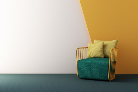 yellow and green color chairs, sofa, armchair in empty background. surrounding by geometric shape Concept of minimalism & installation art. 3d rendering mock upの写真素材
