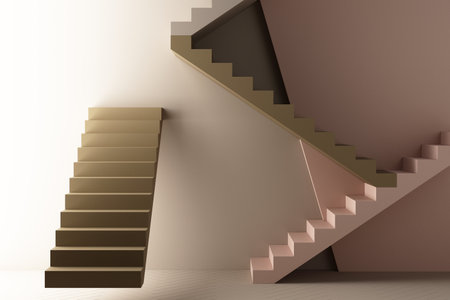 Minimal abstract geometric background with direct sunlight in shades of brown and pink. Showcase scene with empty podium for product presentation 3d renderingの写真素材