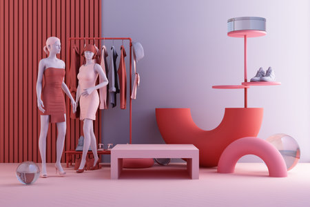 Clothes mannequins a hanger surrounding by bag and market prop with geometric shape on the floor in pink and blue color. 3d renderingの写真素材