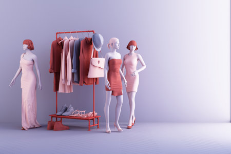 Clothes mannequins a hanger surrounding by bag and market prop with geometric shape on the floor in pink and blue color. 3d renderingの写真素材