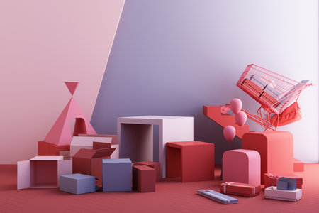Supermarket shopping cart surrounding by giftbox and geometric shape on pink and blue background. 3d renderingの写真素材
