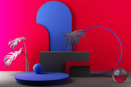 Minimal abstract geometric background with direct sunlight in shades of red and blue. Showcase scene with empty podium for product presentation 3d renderingの写真素材