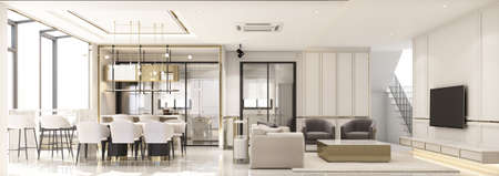 interior design modern classic style of living and dining area with white marble and gold texture...