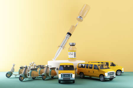 Concept colorful yellow and green tone for the worldwide delivery of COVID-19 coronavirus vaccine by scooter and van 3d renderingの写真素材