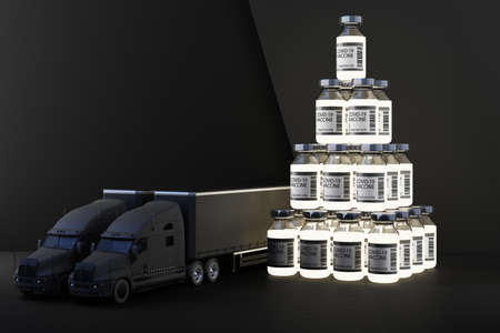Concept for the worldwide delivery of COVID-19 coronavirus vaccine by truck, The liquid in the glass...