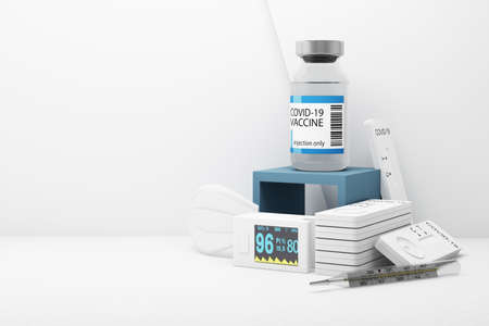 Covid-19 self test kit with vaccine and medicine on white background. 3d rendering