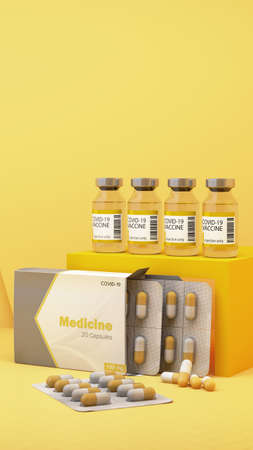 Covid-19 vaccine and medicine on yellow background. 3d renderingの写真素材