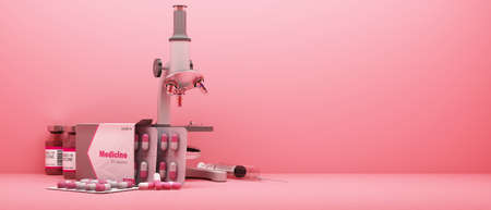 A microscope looking at the COVID-19 virus along with vaccines and medicines on pink background 3d...
