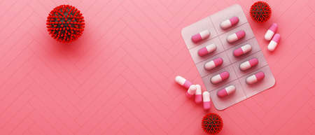 COVID-19 virus along with vaccines and medicines on pink background 3d renderingの写真素材
