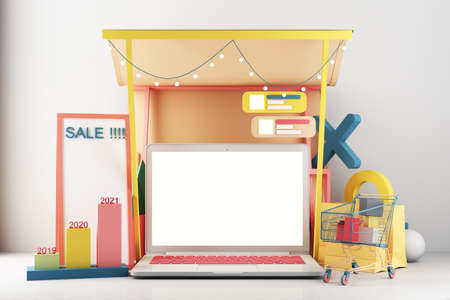 laptop  represent of front of shop store.Shopping Online on screen Application Concept Digital marketing with cart on colors pastel with Communication bar and statistics bar 3d renderingの写真素材