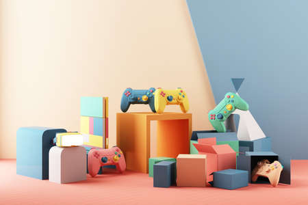 Gaming concept. gamepad and VR with video game console and minimal trendy design colorful pastel. ...