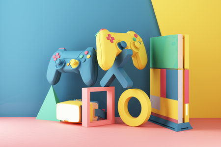 Gaming concept. gamepad and VR with video game console and minimal trendy design colorful pastel. ...
