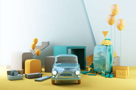 Summer shopping concept with luggage surrounded by umbrellas, shoes and cameras along with airplane, car models and gift box on trendy geometric shapes background yellow and green color with product stand 3d renderingの写真素材