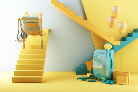 Summer shopping concept with luggage surrounded by umbrellas, shoes and cameras along with airplane models and shopping cart on trendy geometric shapes background yellow and green color with product stand 3d renderingの写真素材
