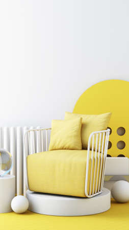 yellow color chairs, sofa, armchair in empty background. surrounding by geometric shape Concept of minimalism  installation art. 3d rendering mock up vertical frameの写真素材