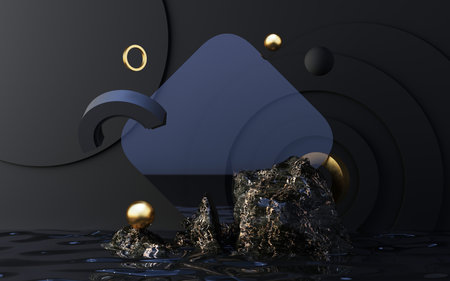 Minimal scene with podium. Gold and black marble scene. Trendy for banners, promotion, cosmetic product show. Geometric shapes on wet water 3d renderの写真素材